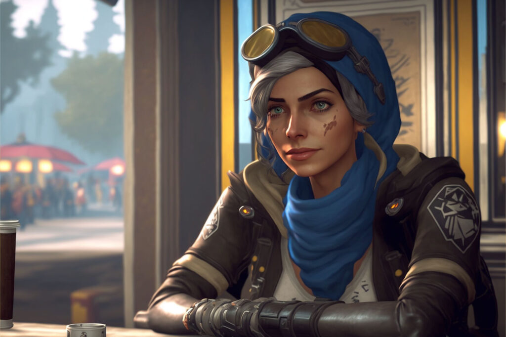 Ana from Overwatch sitting at a Diner