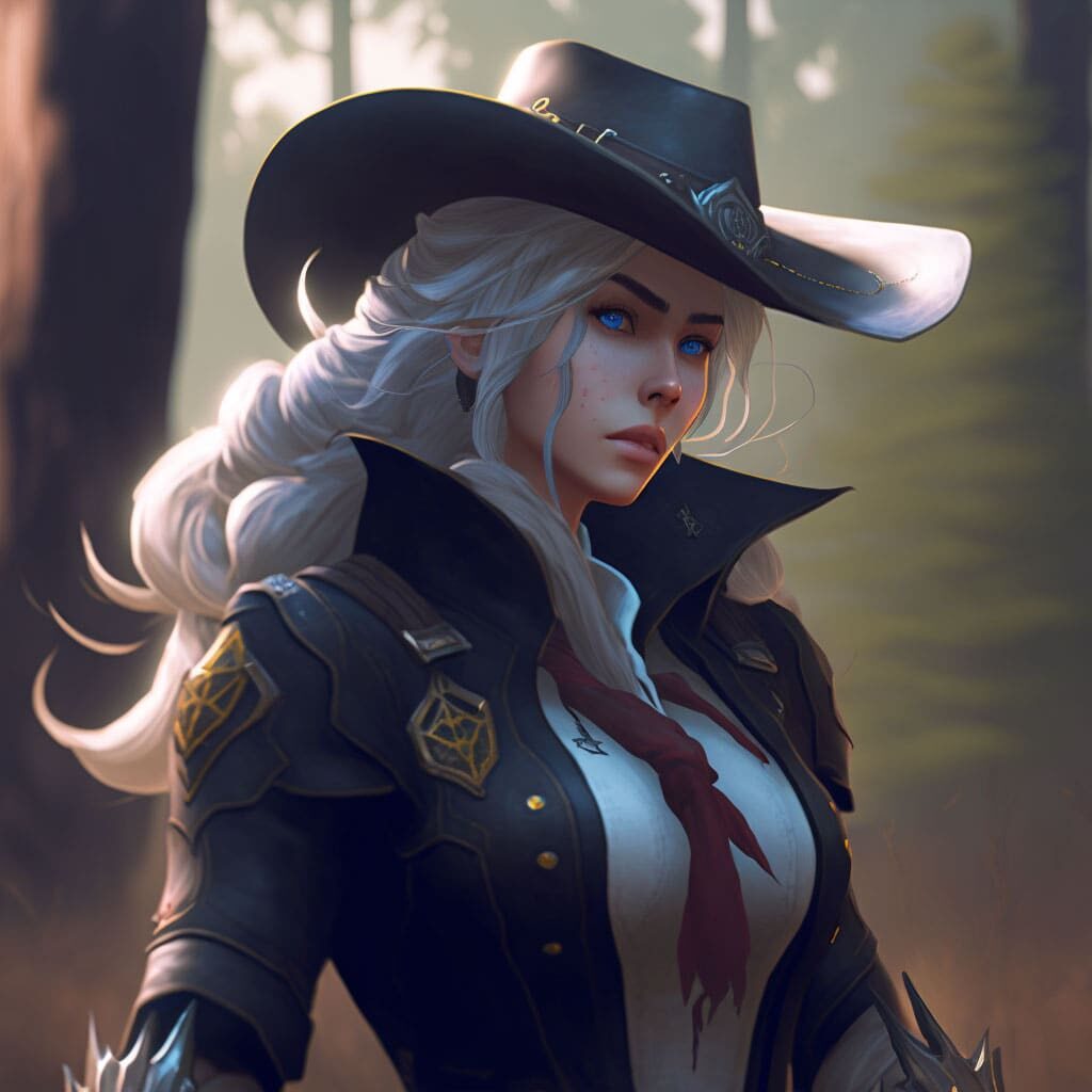 ashe from overwatch at the edge of the woods